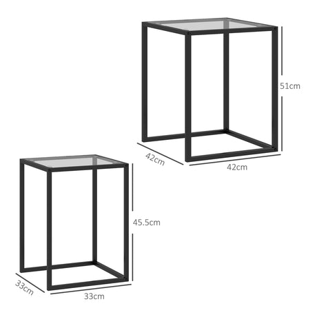 HOMCOM Nesting Tables Set of 2, Side End Table with Tempered Glass Top and Steel Frame for Living Room, Bedroom, Black