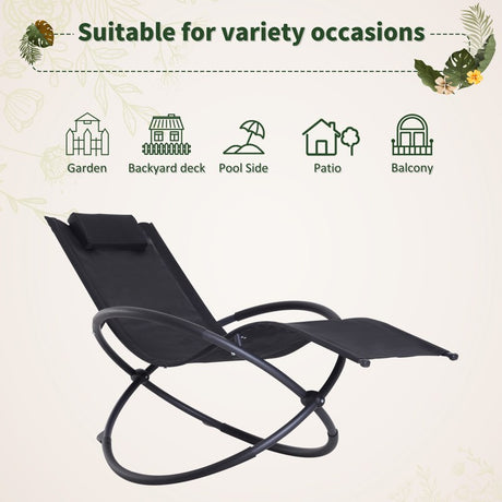 Outsunny Outdoor Orbital Lounger Zero Gravity Patio Chaise Foldable Rocking Chair w/ Pillow Black