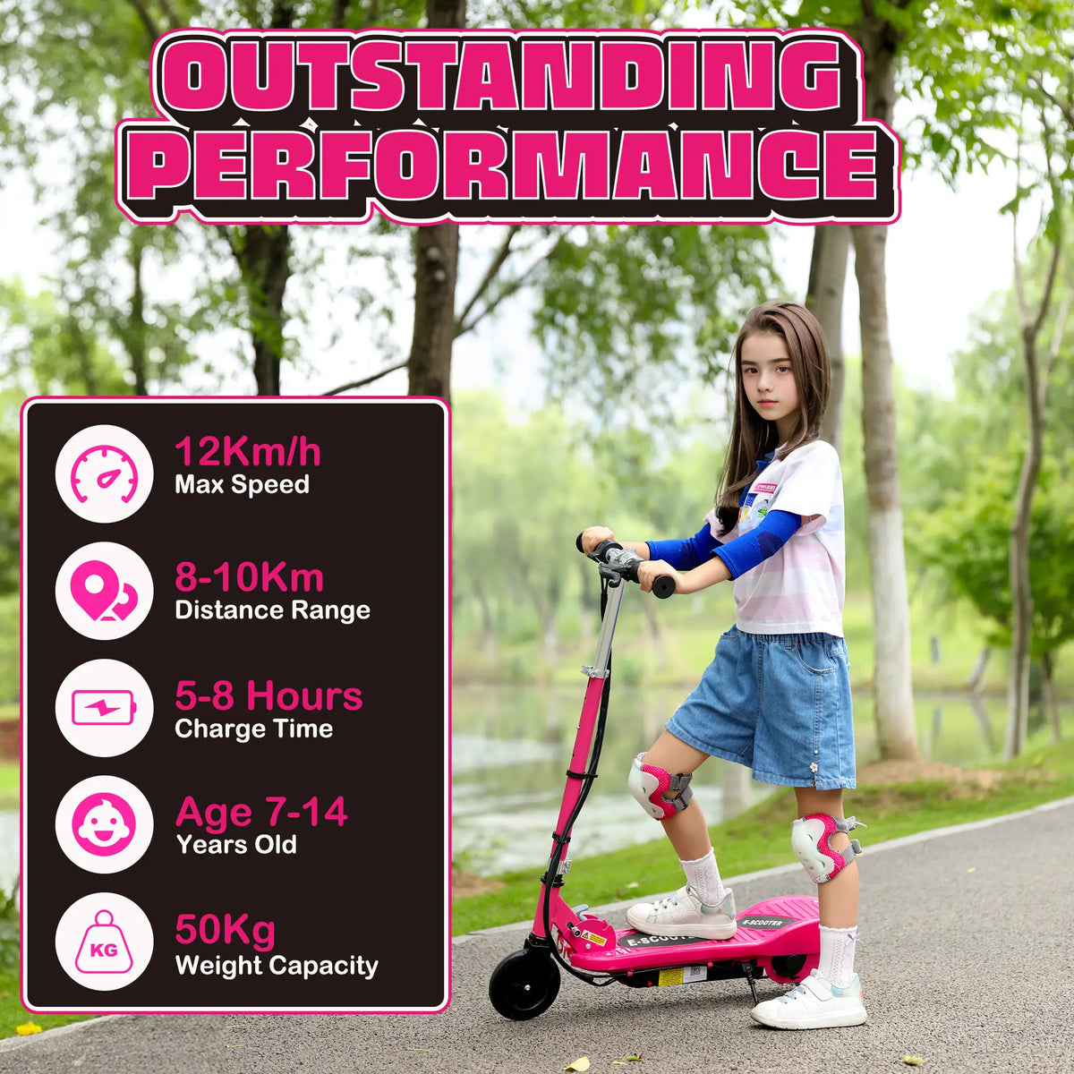HOMCOM Foldable Electric Kids Scooter, Ride-on for Ages 7-14 Years, Pink