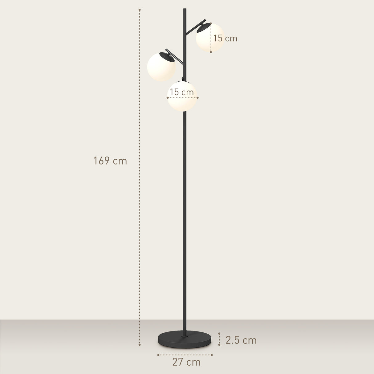 HOMCOM 3-Light Tree Floor Lamps for Living Room, Modern Standing Lamp for Bedroom with Globe Lampshade, Steel Base, Bulb not Included, Black