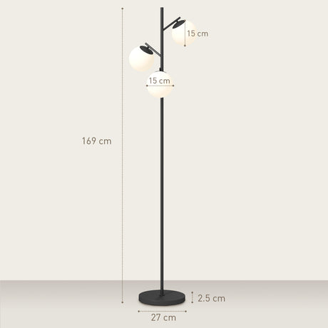 HOMCOM 3-Light Tree Floor Lamps for Living Room, Modern Standing Lamp for Bedroom with Globe Lampshade, Steel Base, Bulb not Included, Black