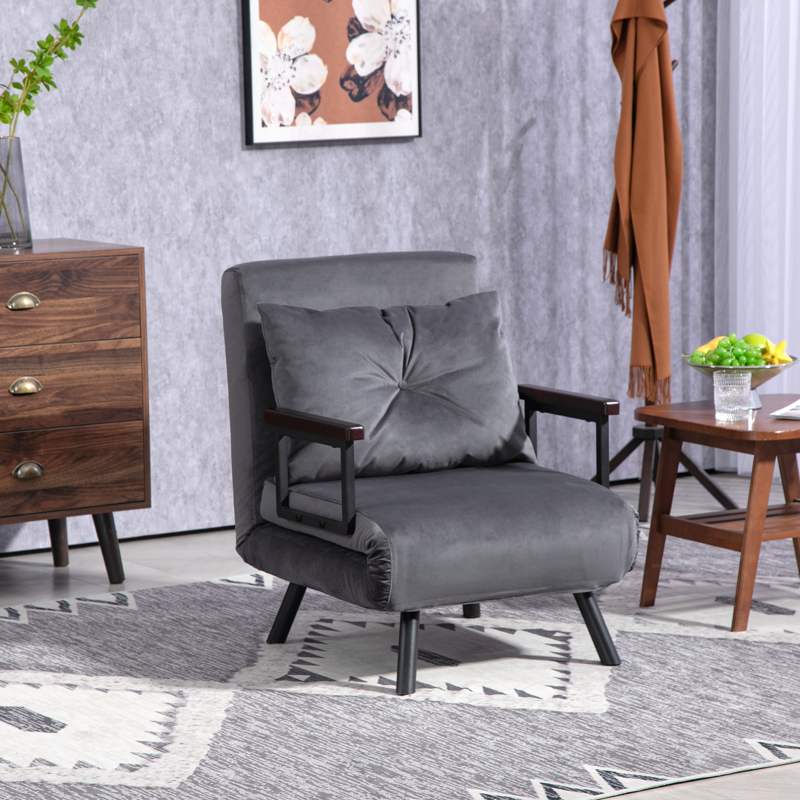 HOMCOM 4-in-1 Velvet-Feel Single Chair Bed, with Pillow - Charcoal Grey