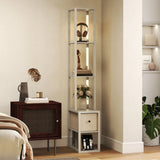 HOMCOM Floor Lamp with Shelves, LED Column Modern Standing Lamp with Fabric Drawer, Adjustable Brightness, Foot Switch for Living Room, Bedroom, Office, Oak