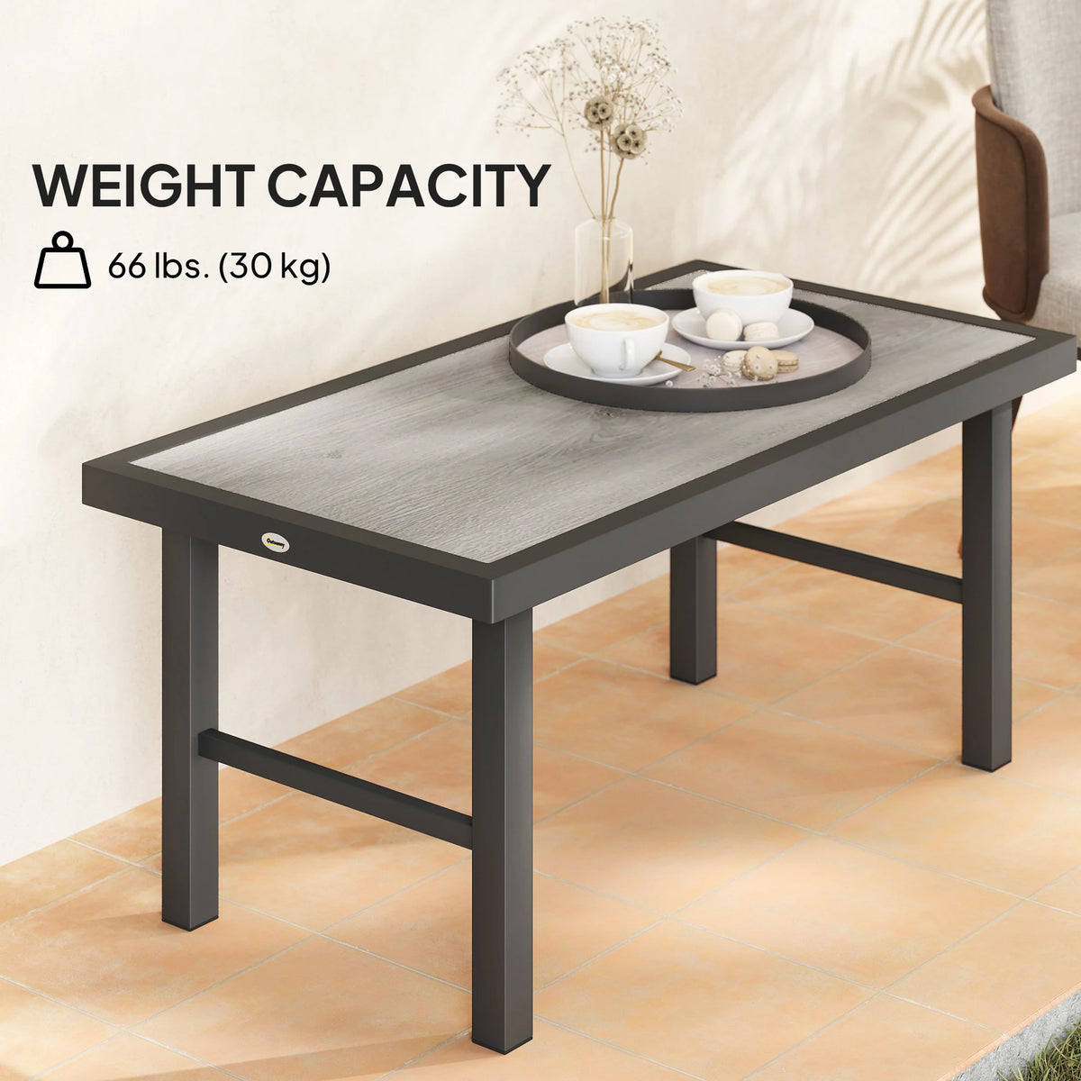 Outsunny Metal Garden Coffee Table, Outdoor Side Table with SPC Woodgrain Tabletop for Outside, Garden, Balcony, Porch, 100 x 53 x 46cm, Grey