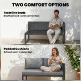 Outsunny 6 Seater Metal Garden Furniture Corner Sofa Set with 3 Loveseats, Faux Wood Table, Texteline Seat, Cushions, Dark Grey