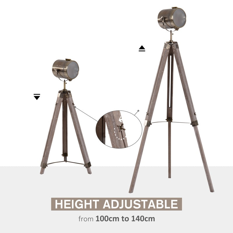 HOMCOM Industrial Tripod Floor Lamp, Nautical Searchlight with Adjustable Height, Wood Legs, E12 Lamp Base for Living Room, Bedroom, Grey and Bronze