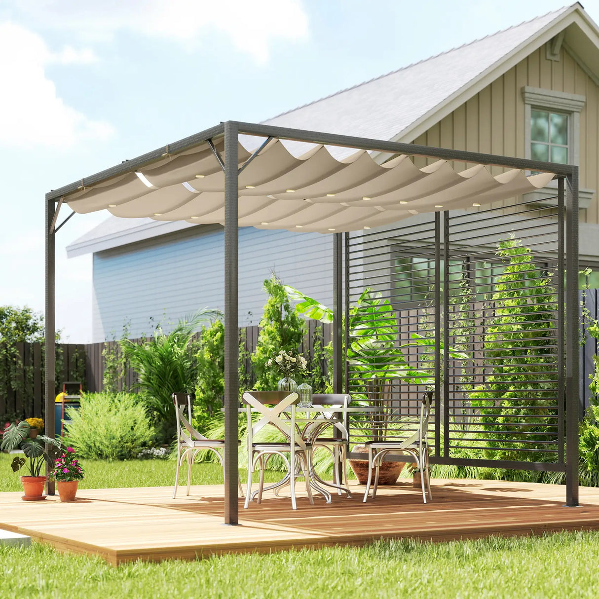 Outsunny 3 x 2.8m Metal Pergola, with Retractable Fabric Roof - Beige