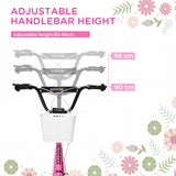 HOMCOM Kids Scooter, Kick Stunt Scooter with Adjustable Handlebar, Dual Brakes, Basket, Cupholder, Mudguard, 16" Inflatable Rubber Wheels, for 5-12 years, Pink