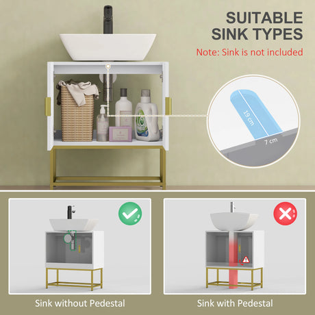 kleankin Bathroom Mirror Cabinet Under Sink Storage Cabinet Basin Cupboard with 2 Doors and Gold Steel Legs