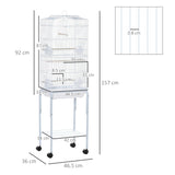 PawHut Bird Cage Budgie Cages for Finch Canary Parakeet with Stand Wheels Slide-out Tray Accessories Storage Shelf, White 46.5 x 36 x 157 cm