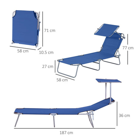 Outsunny 2 Pieces Outdoor Foldable Sun Lounger, 4 Level Adjustable Backrest Reclining Sun Lounger Chair with Angle Adjust Sun Shade Awning for Beach, Garden, Patio, Blue