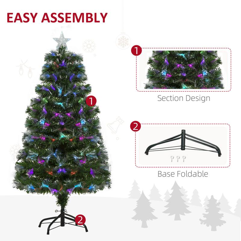 HOMCOM 4FT Multicoloured Artificial Christmas Tree w/ Fibre Optic Lights Pre-Lit Modes Metal Stand Star Holder Home Seasonal Decoration