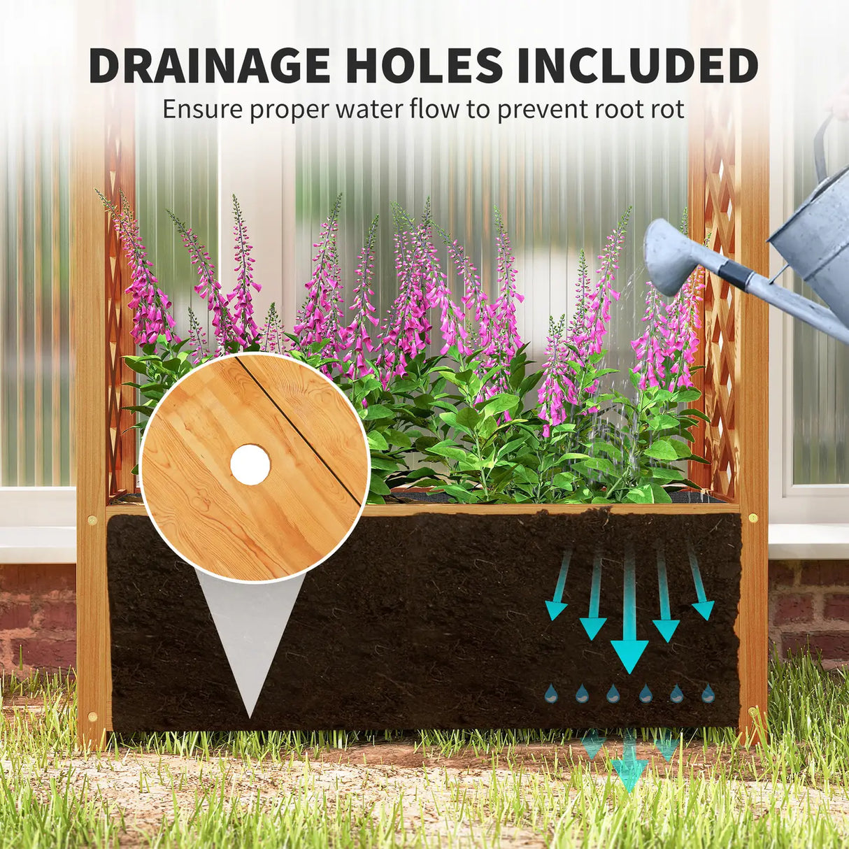 Outsunny Wooden Raised Garden Bed with Trellis, Liner, Drainage Holes, for Vine Climbing Plants, Flowers, 83 x 36 x 145 cm