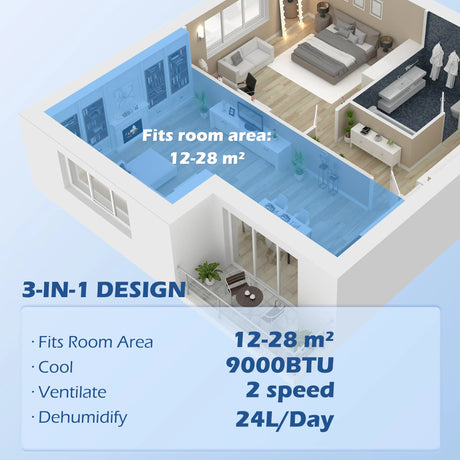 HOMCOM 9,000 BTU Mobile Air Conditioner for Room up to 28m2, with Dehumidifier, 24H Timer, Wheels, Window Mount Kit