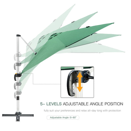 Outsunny 3 x 3(m) Cantilever Roma Parasol, Square Garden Umbrella with Cross Base, Crank Handle, Tilt, 360 Rotation and Aluminium Frame, Green