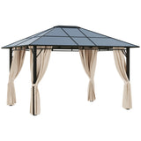 Outsunny 3 x 3.6m Hardtop Gazebo Canopy with Polycarbonate Roof Garden Pavilion with Removable Curtains and Steel Frame, Brown