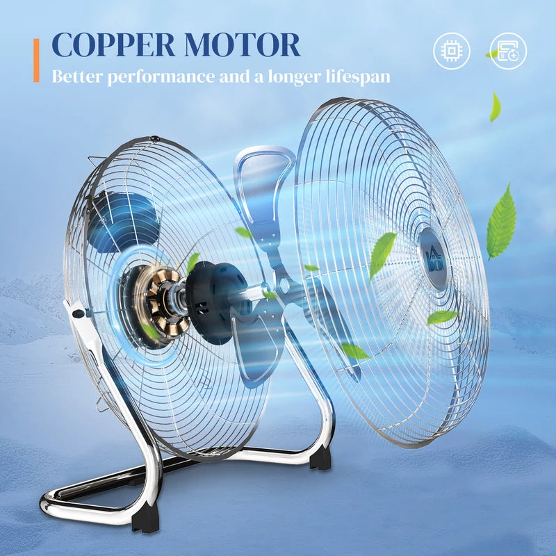 HOMCOM 20 Inches Chrome Metal Floor Fan, High Power 3-Speed Home Gym with Adjustable Head, Portable Desk & Table Fan for Home Office, Powerful Airflow, Quiet Operation
