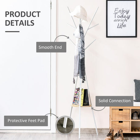 HOMCOM Freestanding Metal Coat Rack Stand 9 Hooks Clothes Tree with 1 Shelf Hat Display Hall Tree Hanger Bag Umbrella Hanging Organiser White