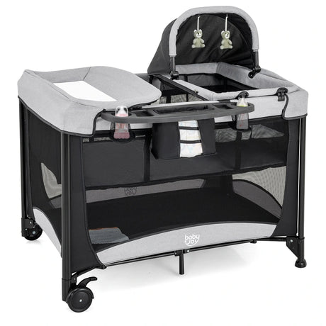 5-in-1 Portable Baby Bed with Travel Cot &amp; Cradle &amp; Playpen &amp; Changing Table Black + Gray
