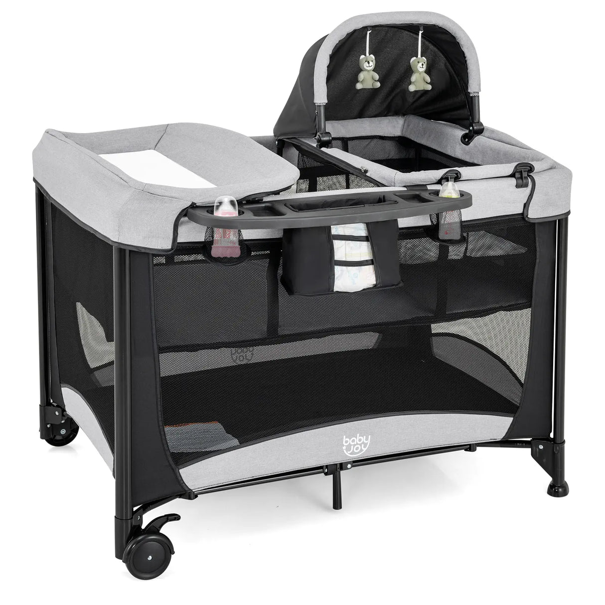 5-in-1 Portable Baby Bed with Travel Cot &amp; Cradle &amp; Playpen &amp; Changing Table Black + Gray