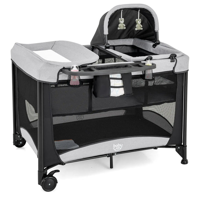 5-in-1 Portable Baby Bed with Travel Cot &amp; Cradle &amp; Playpen &amp; Changing Table Black + Gray