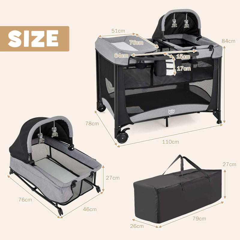 5-in-1 Portable Baby Bed with Travel Cot &amp; Cradle &amp; Playpen &amp; Changing Table Black + Gray
