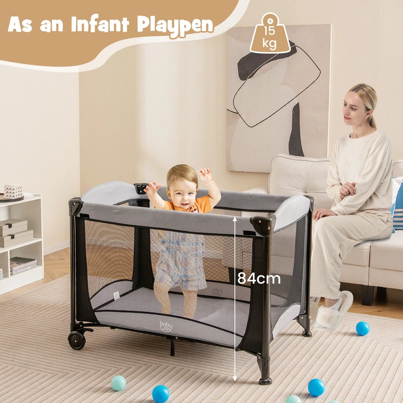 5-in-1 Portable Baby Bed with Travel Cot &amp; Cradle &amp; Playpen &amp; Changing Table Black + Gray