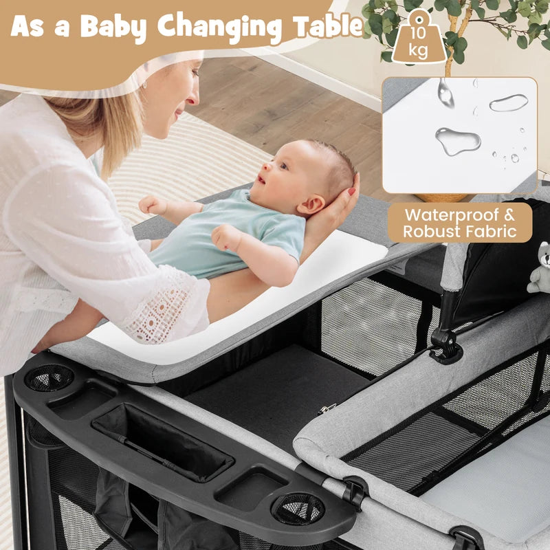 5-in-1 Portable Baby Bed with Travel Cot &amp; Cradle &amp; Playpen &amp; Changing Table Black + Gray