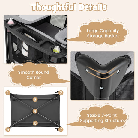 5-in-1 Portable Baby Bed with Travel Cot &amp; Cradle &amp; Playpen &amp; Changing Table Black + Gray