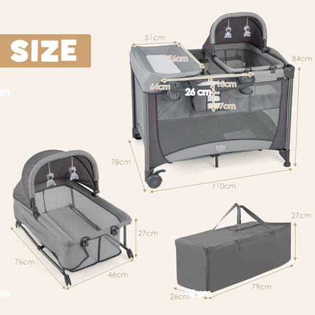 5 in 1 Baby Bed Foldable Travel Cot Playpen Changing Table with Crib Removable Mattress Toys Side Entry Grey
