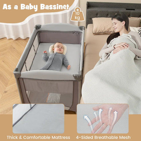 5 in 1 Baby Bed Foldable Travel Cot Playpen Changing Table with Crib Removable Mattress Toys Side Entry Grey
