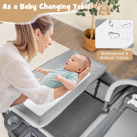 5 in 1 Baby Bed Foldable Travel Cot Playpen Changing Table with Crib Removable Mattress Toys Side Entry Grey