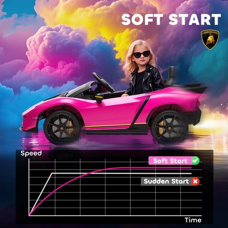 AIYAPLAY 12V Lamborghini Autentica Licensed Kids Electric Car with Remote Control, 4 Suspension Wheels, Soft Start, Pink
