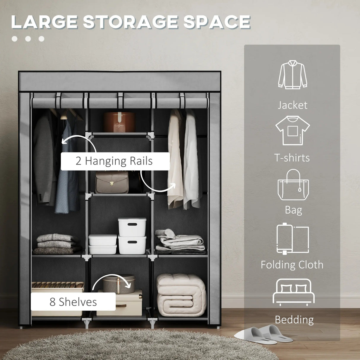 HOMCOM Fabric Wardrobe, with Rails and Shelves - Light Grey