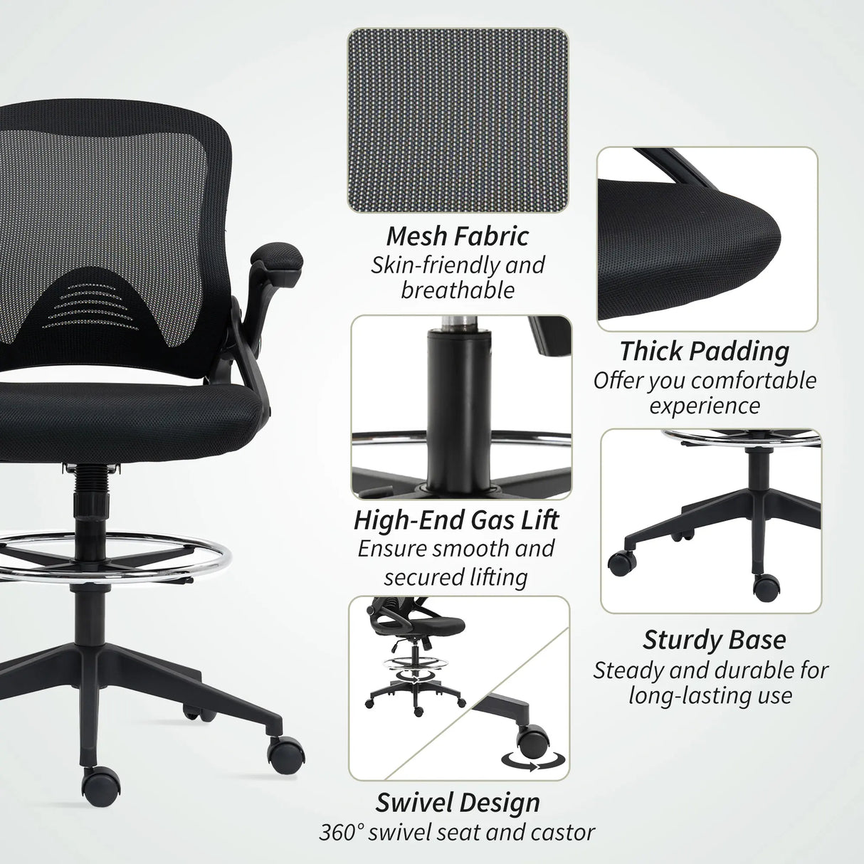 Vinsetto Drafting Chair with Flip-up Armrest, Mesh Office Stool with Foot Ring, 360 Degree Swivel Height Adjustable Chair for Standing Desk, Black