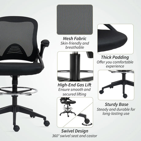Vinsetto Drafting Chair with Flip-up Armrest, Mesh Office Stool with Foot Ring, 360 Degree Swivel Height Adjustable Chair for Standing Desk, Black