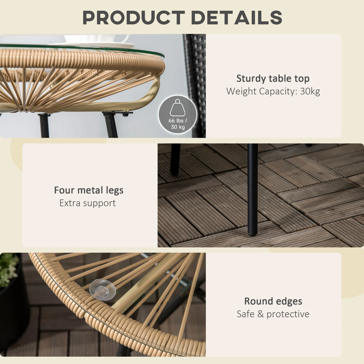 Outsunny Rattan Side Table, Round Outdoor Coffee Table, with Round PE Rattan and Tempered Glass Tabletop for Patio, Garden, Balcony, Beige