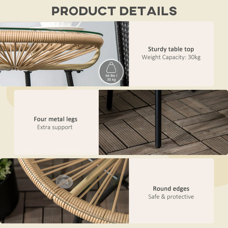 Outsunny Rattan Side Table, Round Outdoor Coffee Table, with Round PE Rattan and Tempered Glass Tabletop for Patio, Garden, Balcony, Beige