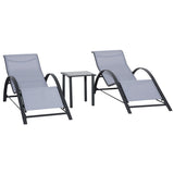 Outsunny 3 Pieces Lounge Chair Set Metal Frame Garden Outdoor Recliner Sunbathing Chair with Table, Light Grey