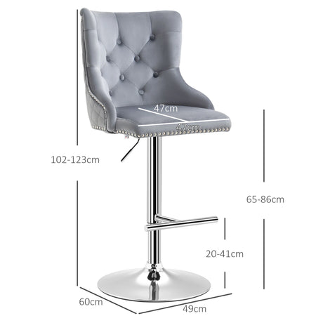 HOMCOM Bar Stools Set of 2, Modern Swivel & Adjustable Velvet Barstools with Button Tufted Back, Footrest, Nailhead Trim for Home Bar, Grey