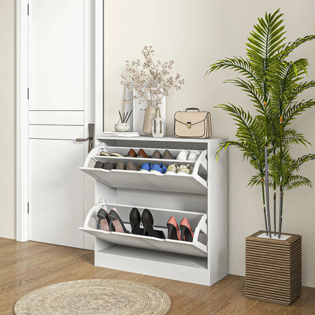 HOMCOM 2 Drawers Entryway Shoe Cabinet, Narrow Shoe Storage Cabinet with 2 Flip Drawers, Louvred Door Design and Adjustable Shelves for 16 Pairs of Shoes, White