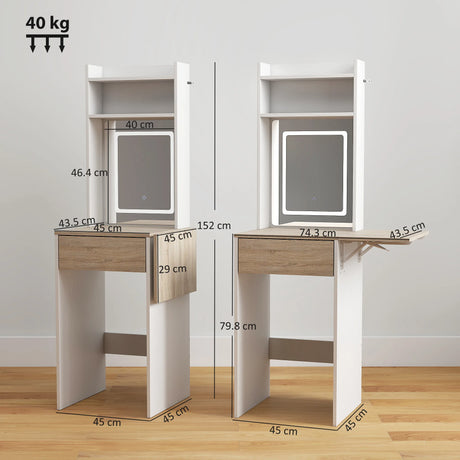 HOMCOM Small Vanity Desk with Mirror and LED Lights, Compact Dressing Table with Drop Leaf, Open Shelves and Drawer, White