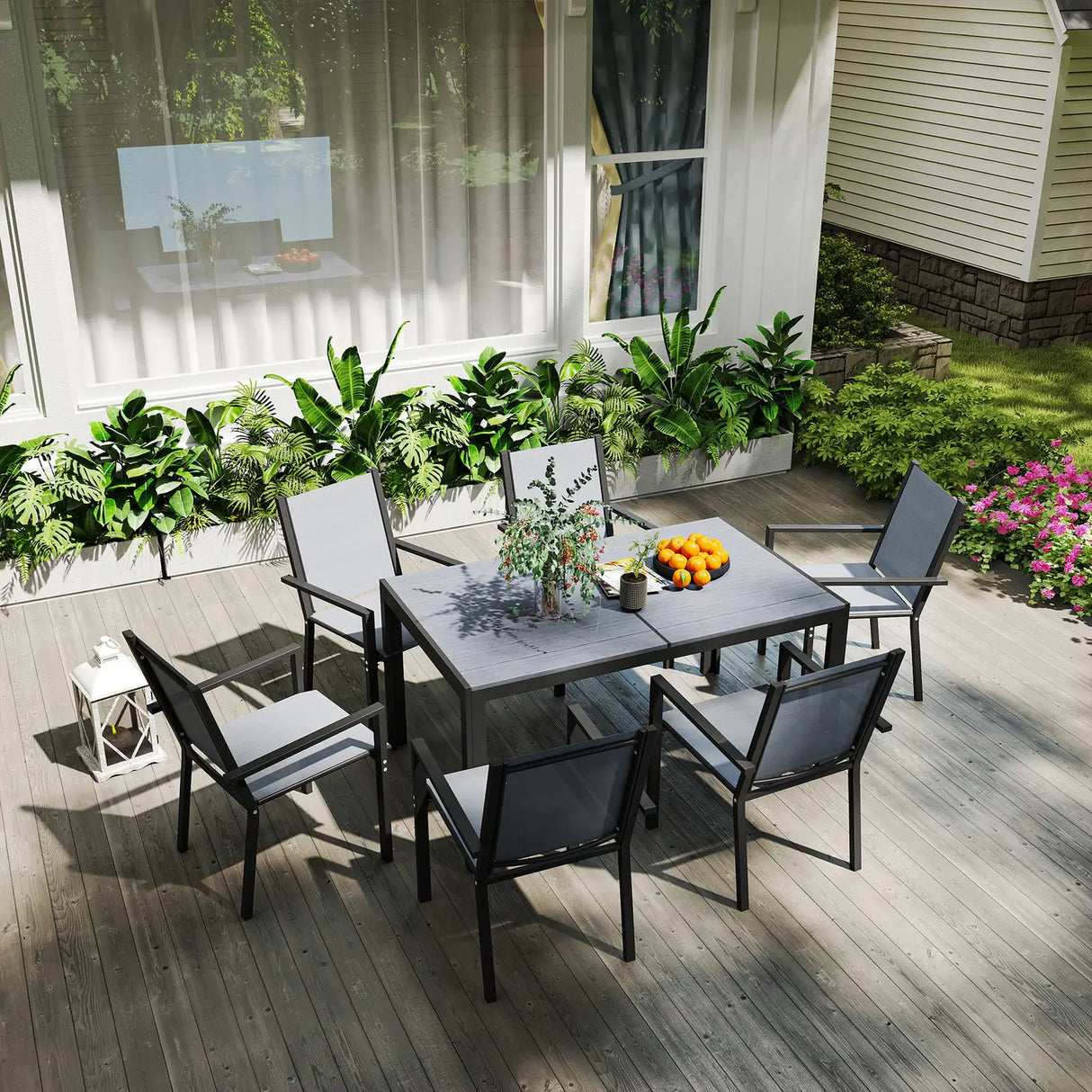 Outsunny Seven-Piece Garden Dining Set, with Plastic Wood-Top Table - Grey