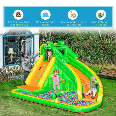 Outsunny 5 in 1 Kids Bouncy Castle Large Crocodile Style Inflatable House Slide Basket Water Pool Gun Climbing Wall with Blower Carrybag for Kids Age 3-8, 3.85 x 2.85 x 2.25m