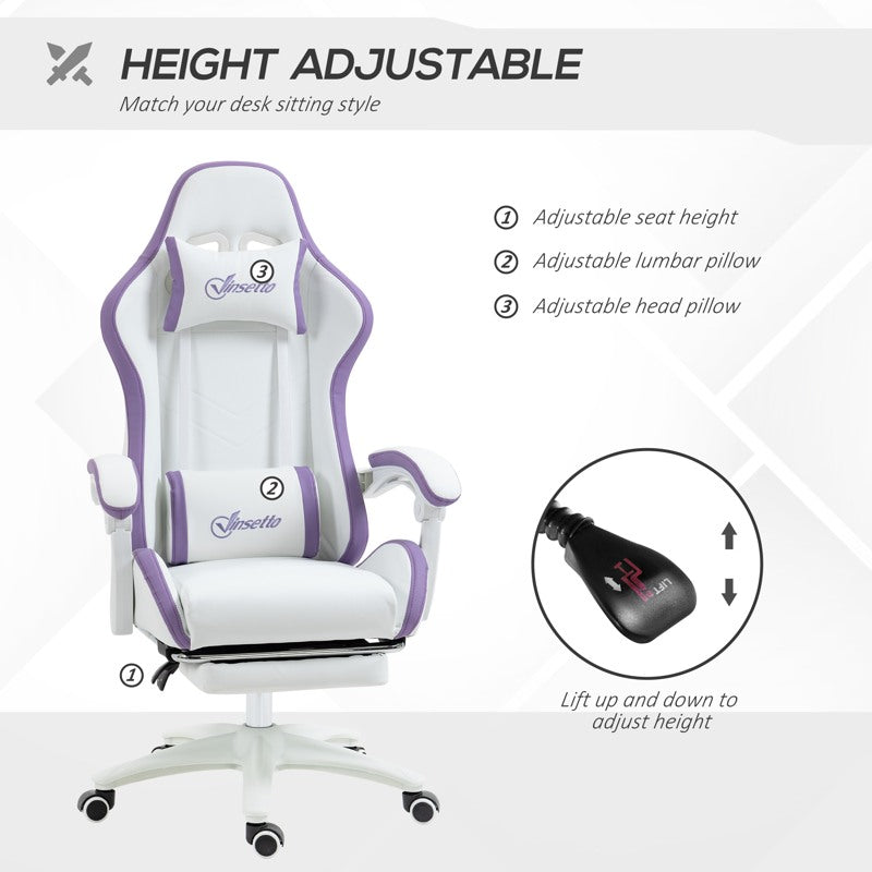 Vinsetto Computer Gaming Chair, PU Leather Desk Chair with Footrest, Swivel Task Chair with 135° Reclining Back and Lumbar Support, PC Chair for Adults, White and Purple