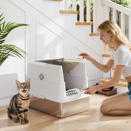 PawHut Extra Large Stainless Steel, Cat Litter Tray with Scoop, Flip Top