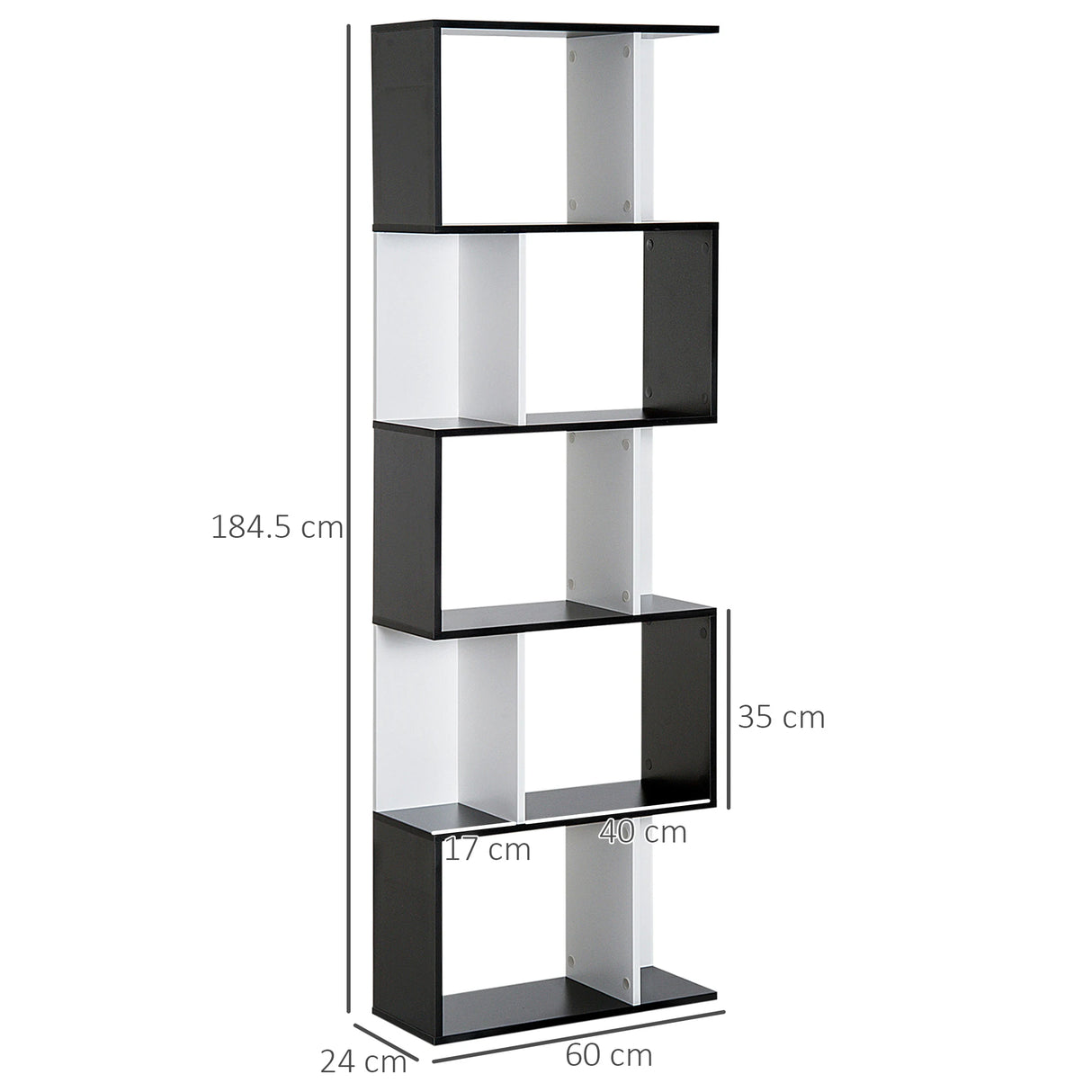 HOMCOM Bookcase, S-Shaped Wooden Bookshelf, 5/6 Tiers Freestanding Storage Shelf, Home Office Decorative Display Stand Rack, Black and White, 24D x 60W x 184.5H