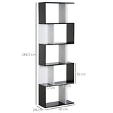 HOMCOM Bookcase, S-Shaped Wooden Bookshelf, 5/6 Tiers Freestanding Storage Shelf, Home Office Decorative Display Stand Rack, Black and White, 24D x 60W x 184.5H