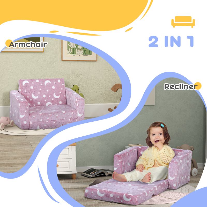 AIYAPLAY 2 in 1 Kids Folding Bed Armchair with Glow in The Dark Cosmic Design, Washable Cushion and Cover, Pink