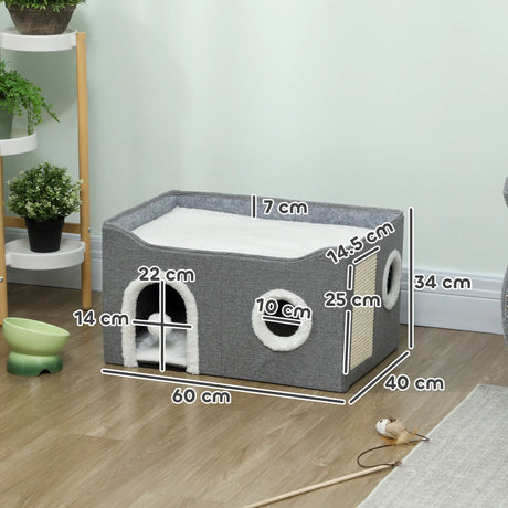 PawHut Cat Bed for Indoor Pets, Foldable Cat House with Fluffy Ball and Scratch Pad for Small and Medium Pets, Grey